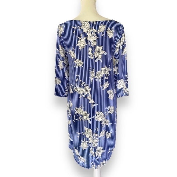 Halogen Blue and Cream Stripe with Floral Print 3/4 Sleeve Shift Dress | Size S - Picture 8 of 15